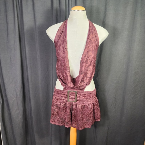Fashion Nova Pants - Lace Romper Burgundy Cutout Halter Buckle‎ Mini S sheer party cocktail